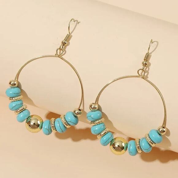 Blue Geometric Beaded Turquoise Stone Earrings Boho Hook Hoop Open Gold Tone - Picture 2 of 5